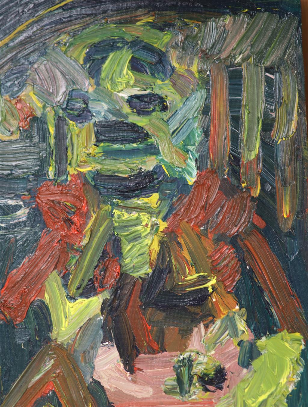Follower of Beverly Pepper (1922-2020), oil on card, Three seated figures, signed, 43 x 35cm, unframed, and three other pictures
